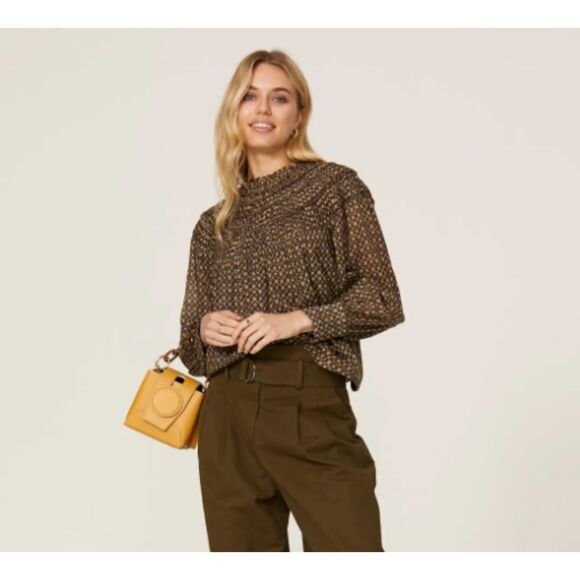 Rebecca Taylor Feather Fleur Ruched Smocked Mock Neck Cotton Blouse Size 10 - Picture 1 of 14